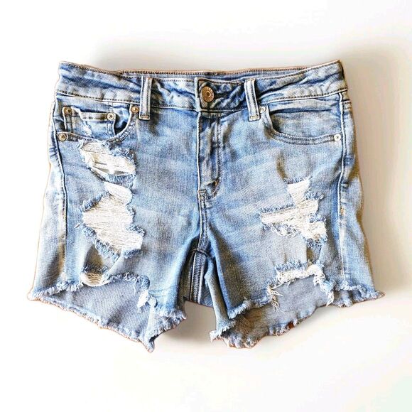 american eagle Size 10 Midi Distressed Denim Jeans shorts Lace Pockets - Picture 1 of 5